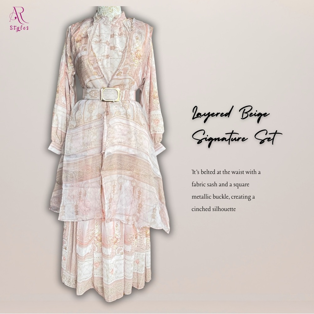NWT Elegant Layered Beige Signature Set with Belt and hijab